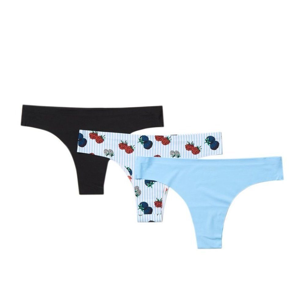 NWT AQS Seamless Thong Panties - Pack/3 Large Women's Underwear Fruit Black Blue